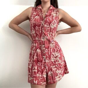 Red and White Vintage Sleeveless Island Patterned Vacation Button-Up Dress